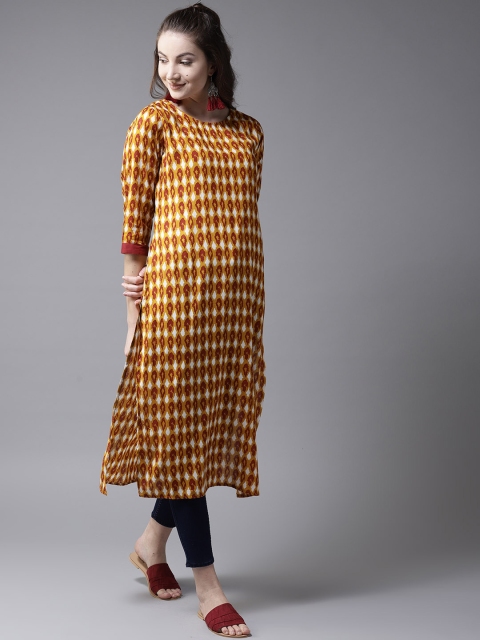 

HERE&NOW Women Mustard Yellow & Rust Brown Printed Straight Kurta