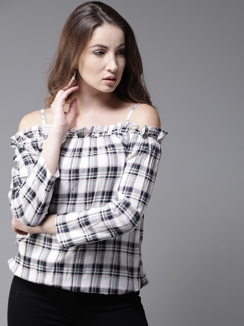 

HERE&NOW Women White Checked Bardot Top