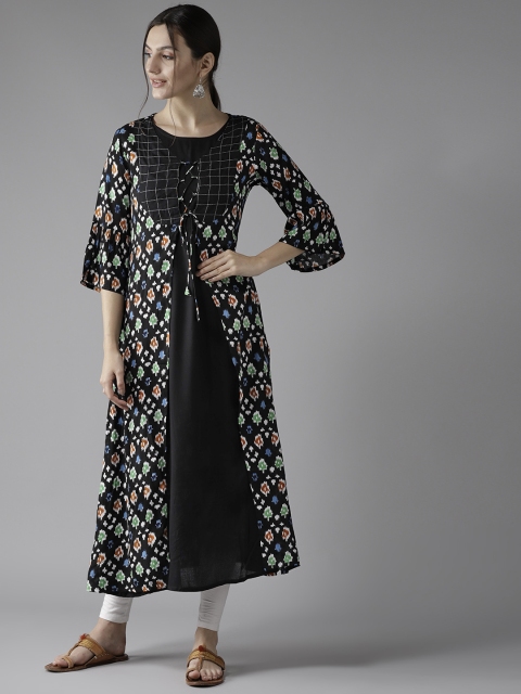 

HERE&NOW Women Black & White Printed Layered A-Line Kurta