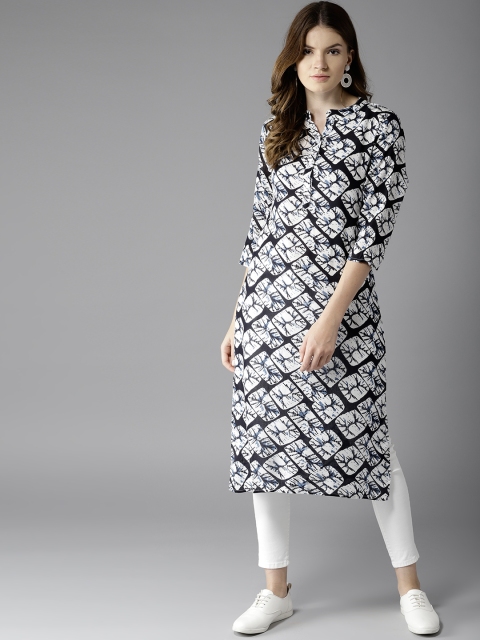 

HERE&NOW Women Navy Blue & White Printed Straight Kurta