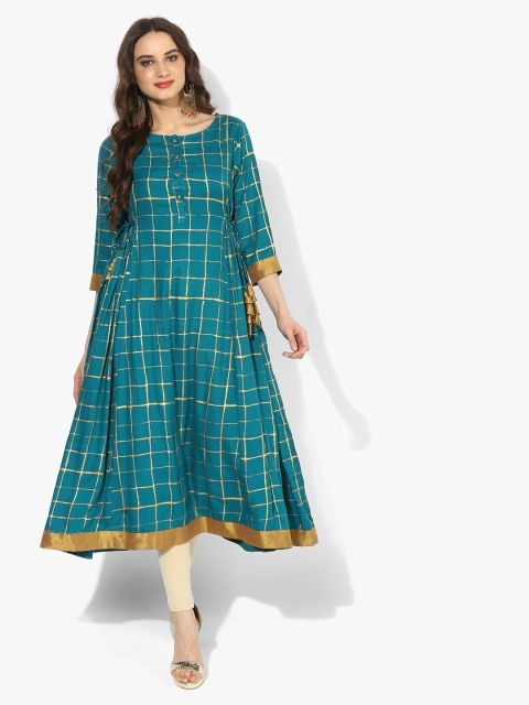 

Sangria Women Turquoise Blue Checked Anarkali Kurta