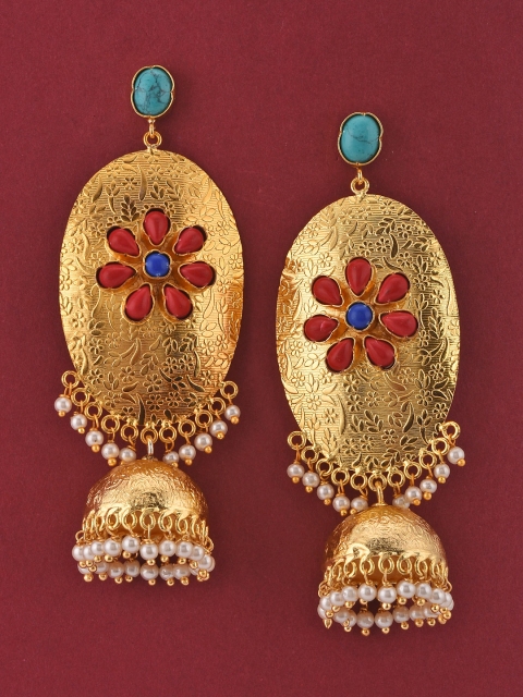 

Tistabene Gold-Toned & Turquoise Blue Oval Jhumkas