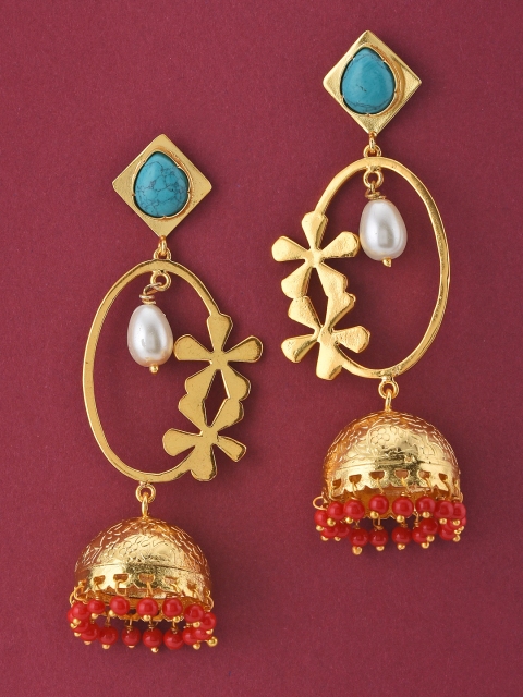 

Tistabene Gold-Toned & Turquoise Blue Floral Jhumkas