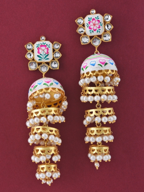 

Tistabene Gold-Toned & White Dome Shaped Gold Plated Jhumkas