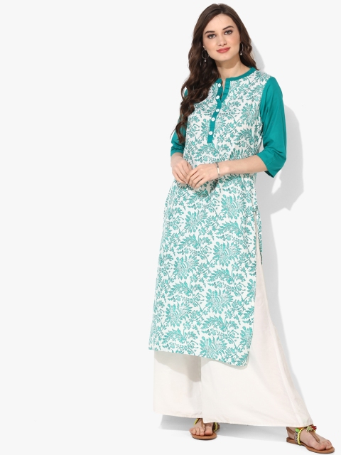 

Sangria Women White & Sea Green Printed Straight Kurta