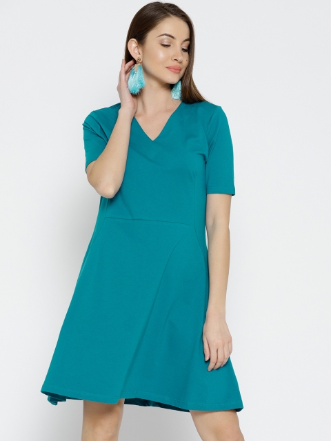 

Cottonworld Women Teal Blue Solid A-Line Dress