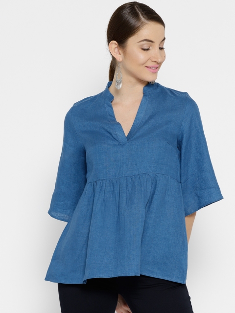 

Cottonworld Women Blue Solid Linen A-Line Top