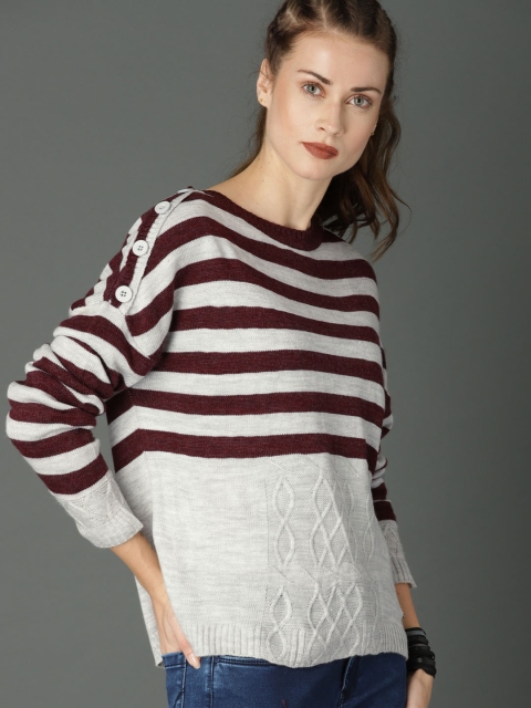 

Roadster Women Maroon & Grey Striped Pullover Sweater