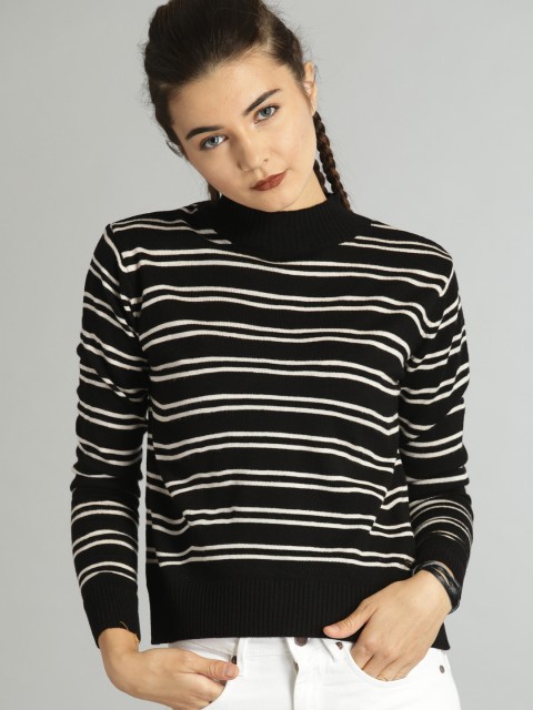 

Roadster Women Black & White Striped Pullover Sweater