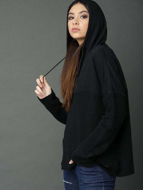 

Roadster Women Black Ribbed Hooded Sweater