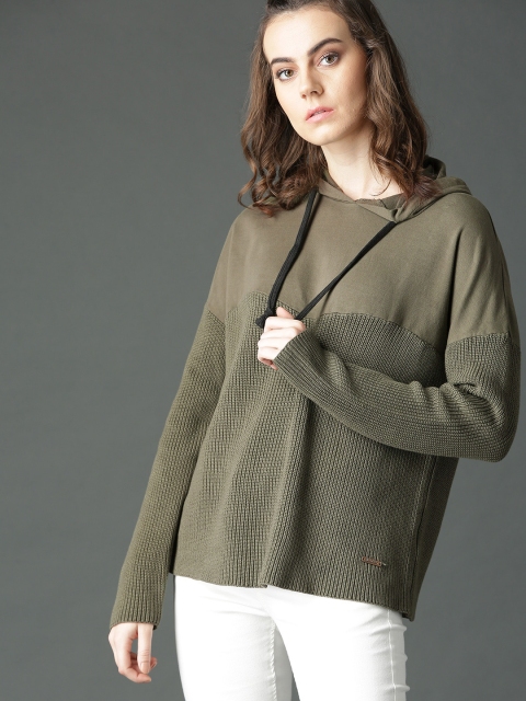 

Roadster Women Olive Green Solid Hooded Pullover