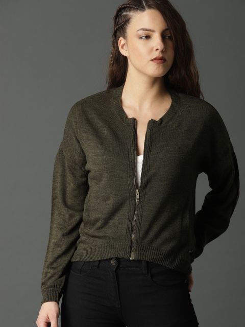 

Roadster Women Olive Green Solid Cardigan