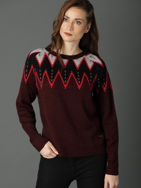 

Roadster Women Maroon Self Design Pullover