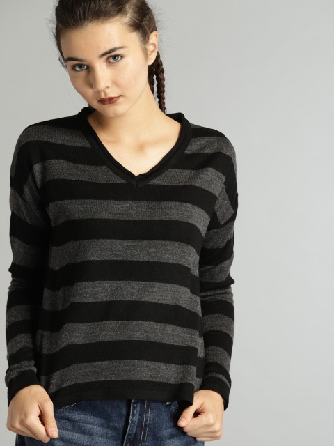 

Roadster Women Black & Grey Striped Pullover Sweater
