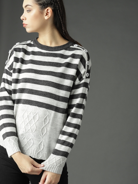 

Roadster Women Grey Striped Pullover