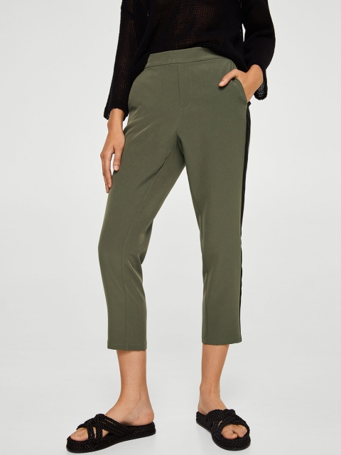 

MANGO Women Olive Green & Black Regular Fit Solid Cropped Trousers