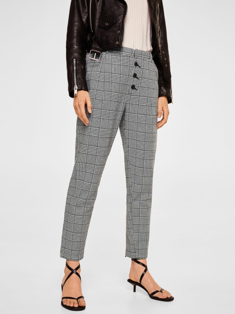 

MANGO Women White & Black Regular Fit Checked Regular Trouser