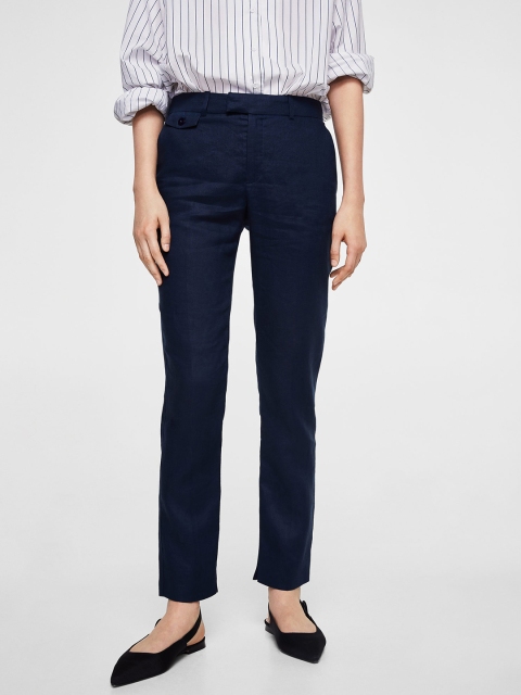 

MANGO Women Navy Blue Linen Regular Fit Trousers