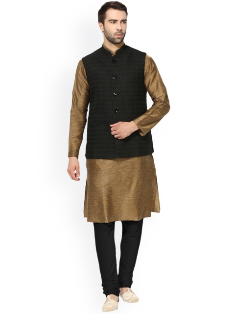 

KISAH Men Khaki & Black Solid Kurta with Churidar and Waistcoat