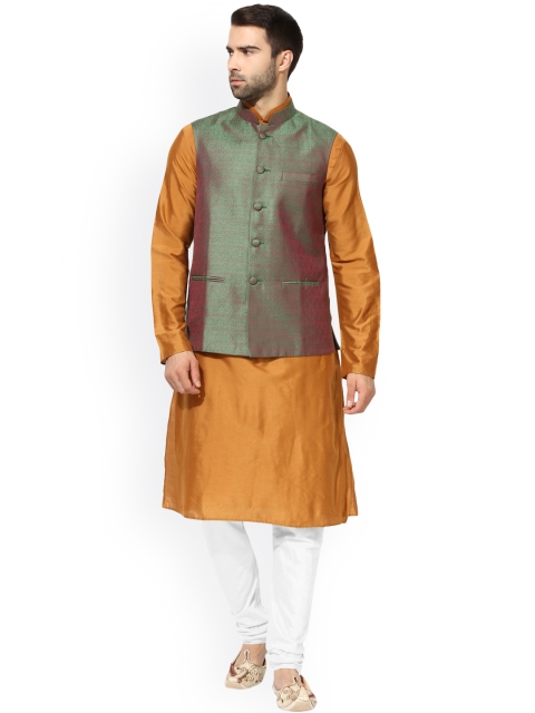 

KISAH Men Mustard & White Solid Kurta with Churidar and Waistcoat