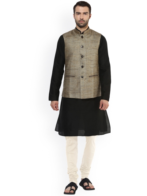 

KISAH Men Black & Off-White Solid Kurta with Churidar and Waistcoat