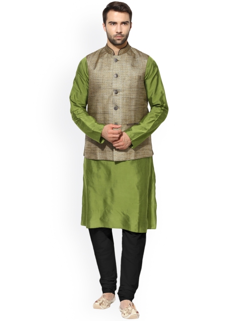 

KISAH Men Olive Green & Black Solid Kurta with Churidar and Waistcoat
