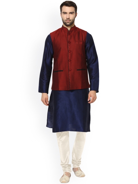 

KISAH Men Navy Blue & Red Solid Kurta with Churidar and Waistcoat