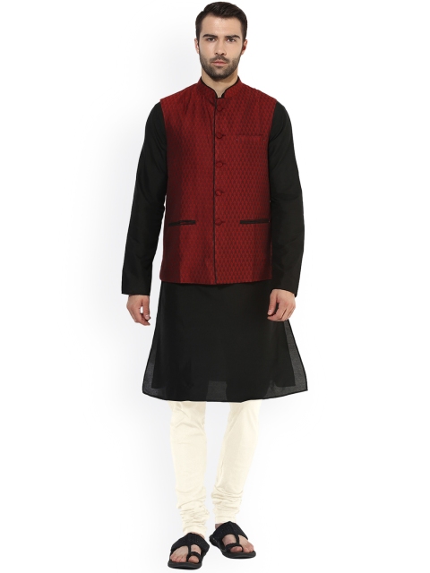 

KISAH Men Black & Red Solid Kurta with Churidar and Waistcoat