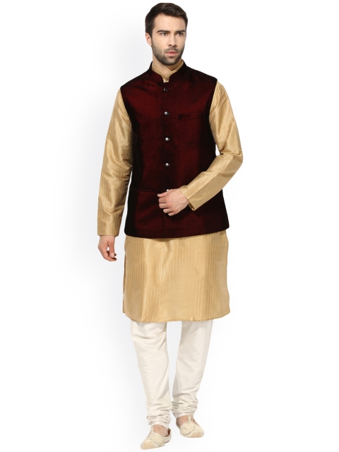 

KISAH Men Beige & Maroon Self Design Kurta with Churidar and Waistcoat