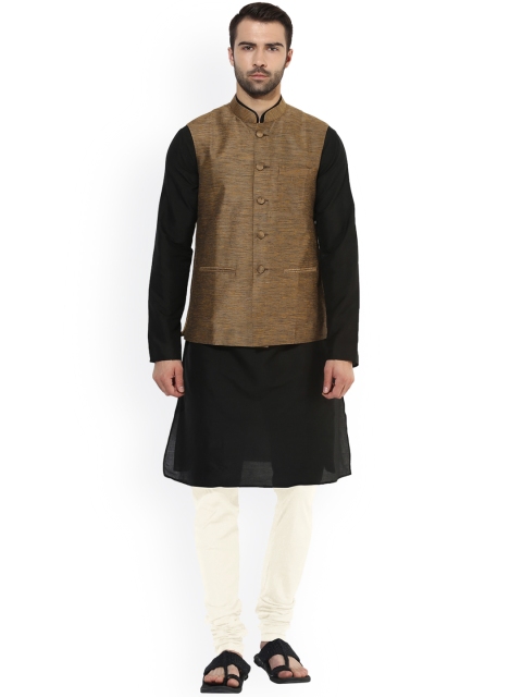 

KISAH Men Black & White Solid Kurta with Churidar and Waistcoat
