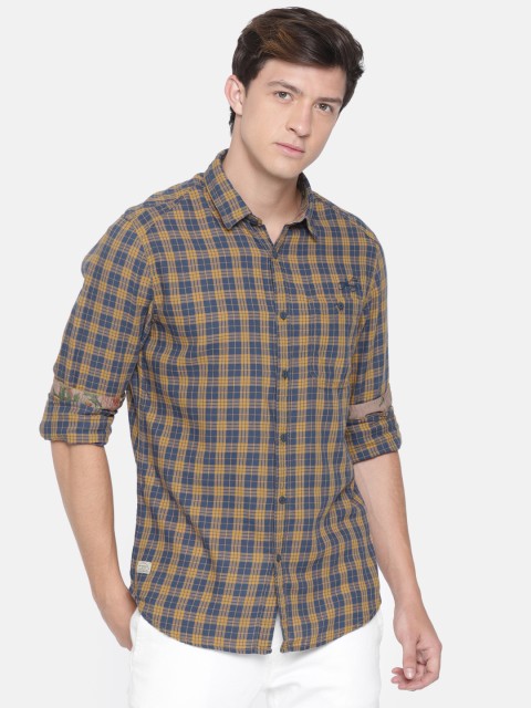 

Ed Hardy Men Blue & Mustard Yellow Slim Fit Checked Casual Shirt