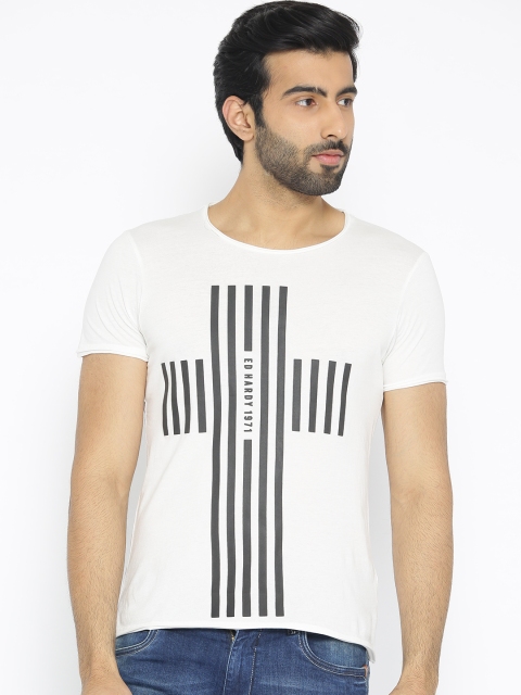 

Ed Hardy Men White Striped Round Neck T-shirt