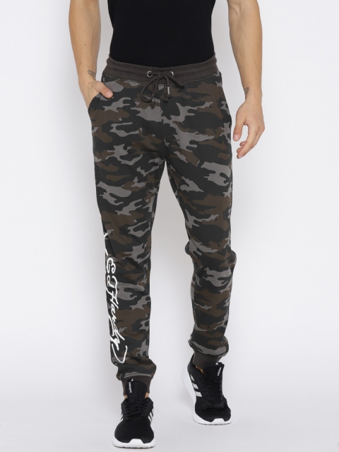 

Ed Hardy Men Charcoal Grey & Olive Brown Printed Joggers