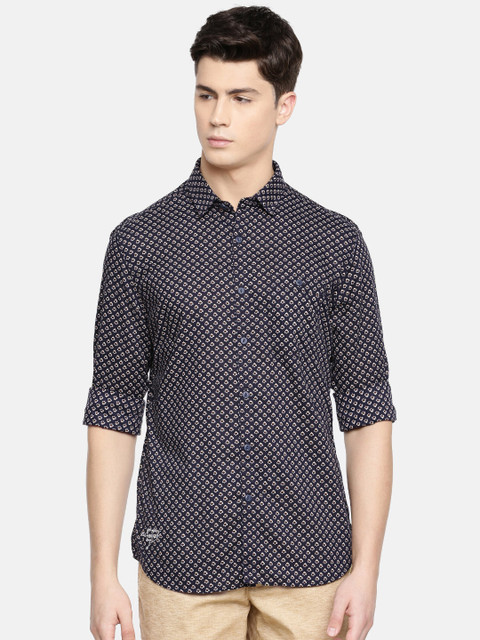 

Ed Hardy Men Navy Blue & Beige Slim Fit Printed Casual Shirt