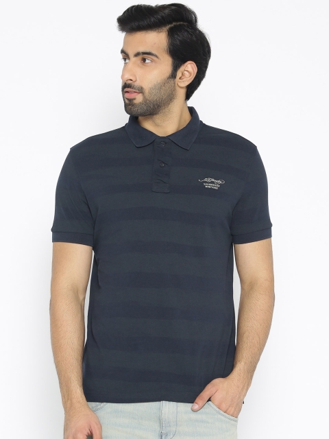 

Ed Hardy Men Navy Blue Black Pure Cotton Striped Polo Collar Pure Cotton T-shirt