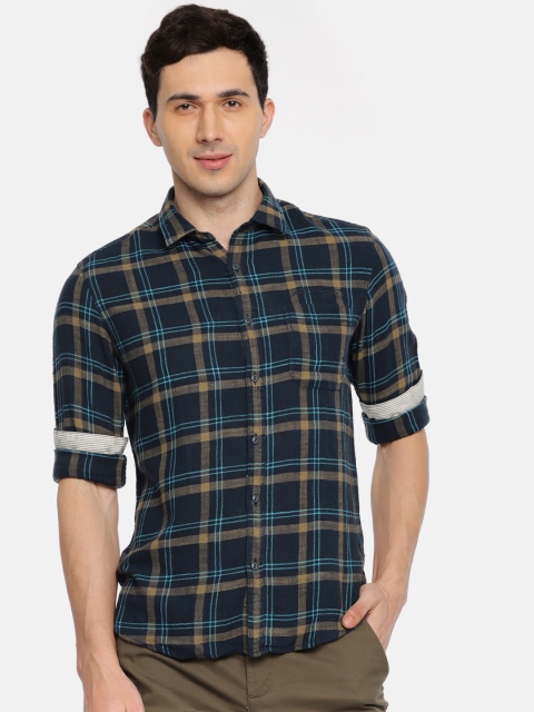 

Ed Hardy Men Navy & Green Slim Fit Checked Casual Shirt, Navy blue