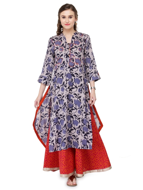 

Varanga Women Grey & Blue Printed Straight Kurta