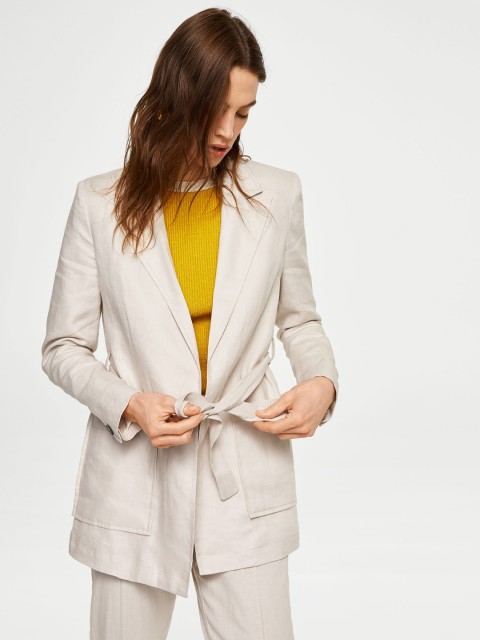 

MANGO Women Beige Linen Solid Front-Open Longline Casual Blazer