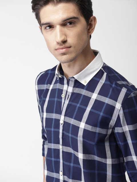 

INVICTUS Men Navy & Grey Slim Fit Checked Casual Shirt, Navy blue