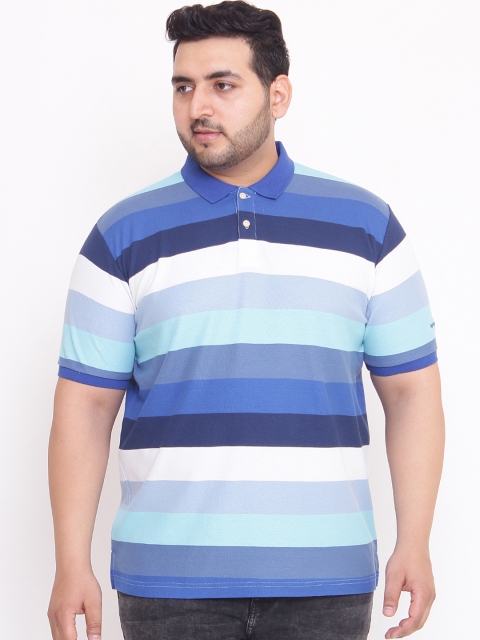 

bigbanana Plus Size Men Blue Striped Polo Collar T-shirt
