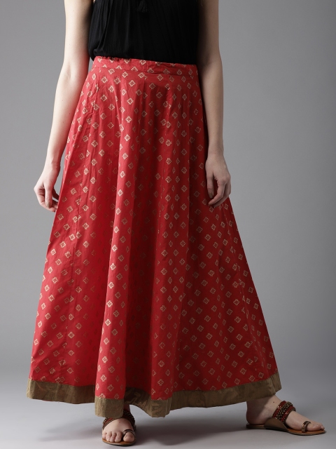 

Moda Rapido Women Red & Golden Ethnic Print Flared Maxi Pure Cotton Skirt