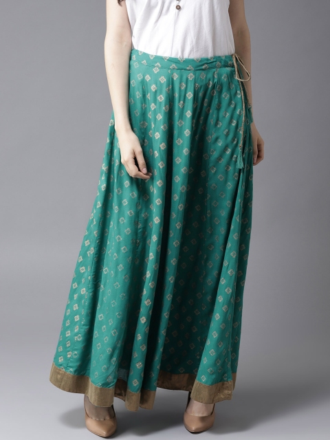 

Moda Rapido Women Teal Green & Golden Ethnic Print Flared Maxi Skirt