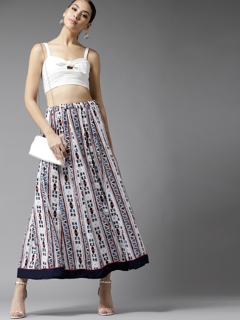

Moda Rapido Women White & Blue Printed Maxi Flared Skirt
