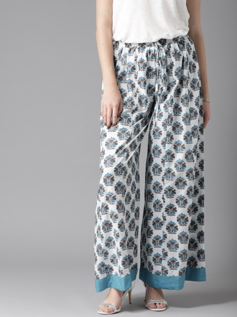 

Moda Rapido Women Off-White & Blue Printed Flared Palazzos