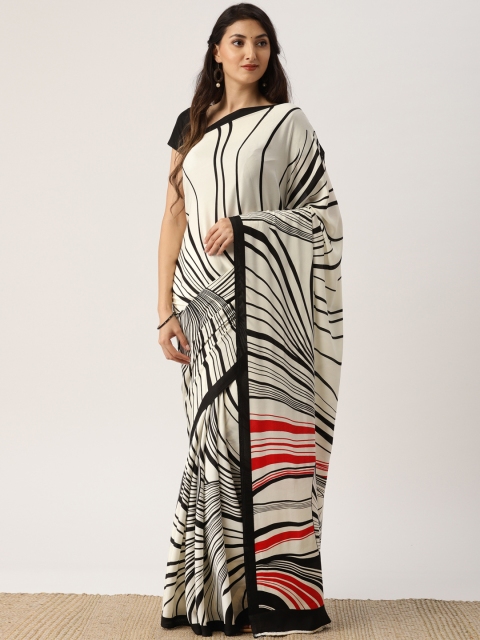 

Drape Stories Off-White & Black Silk Blend Striped Saree