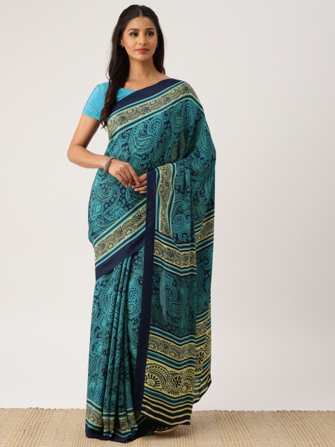 

Drape Stories Blue Printed Silk Blend Saree