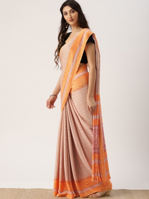 

Drape Stories Beige & Orange Silk Blend Printed Saree