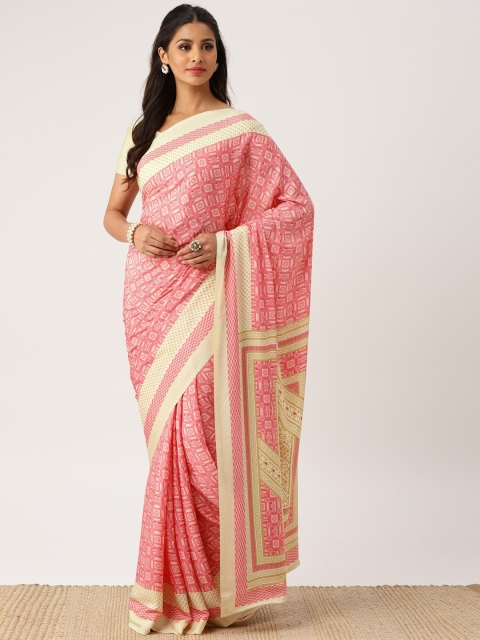 

Drape Stories Coral Pink Printed Silk Blend Saree