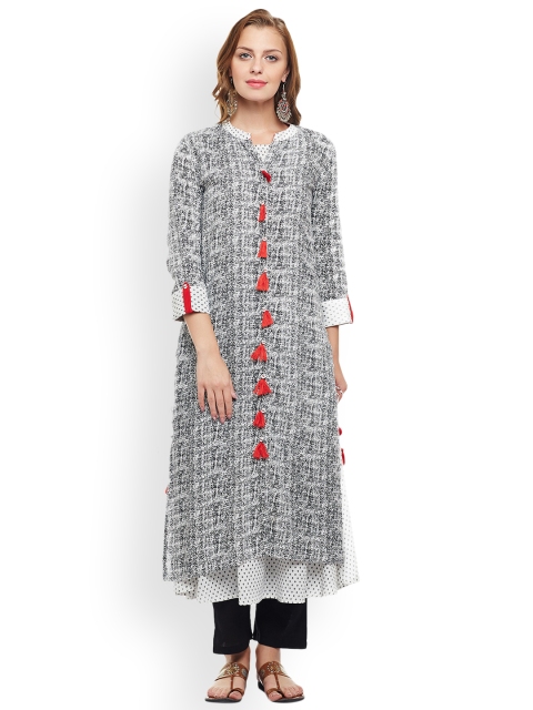

ANAISA Women White & Black Double Layered Printed Anarkali Kurta