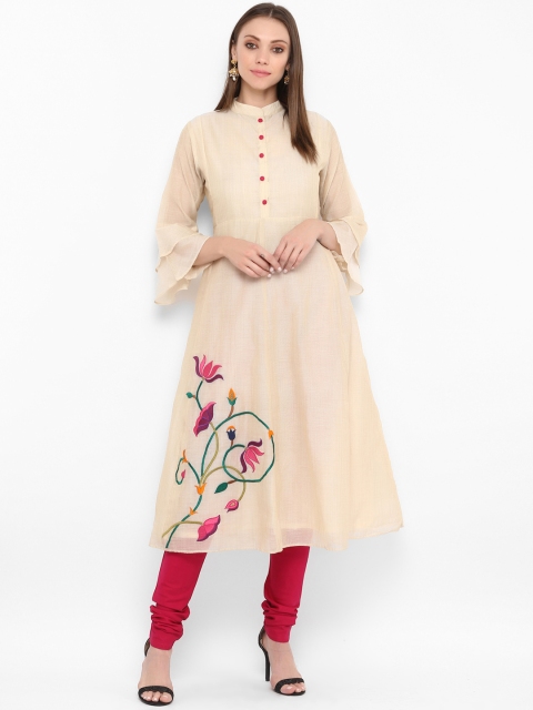 

Bhama Couture Women Beige & Pink Embroidered Kurta with Churidar